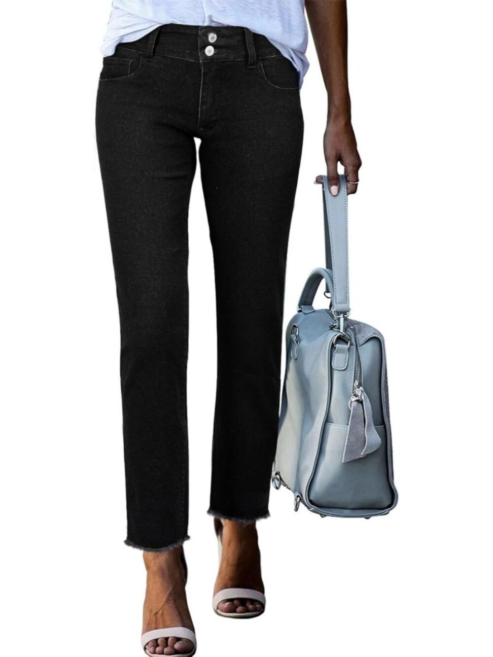 Women Pure Black High Waisted Raw Hem Ankle Double Button Denim Straight Jeans